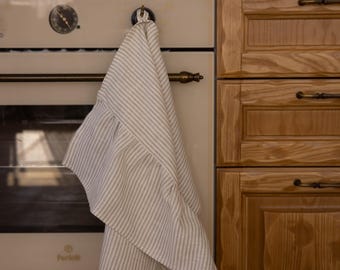 Ruffled Striped Linen Kitchen Towel – Natural Thin Stripe | Rustic Tea Towel with Ruffles | Absorbent & Durable Linen Dish Towel