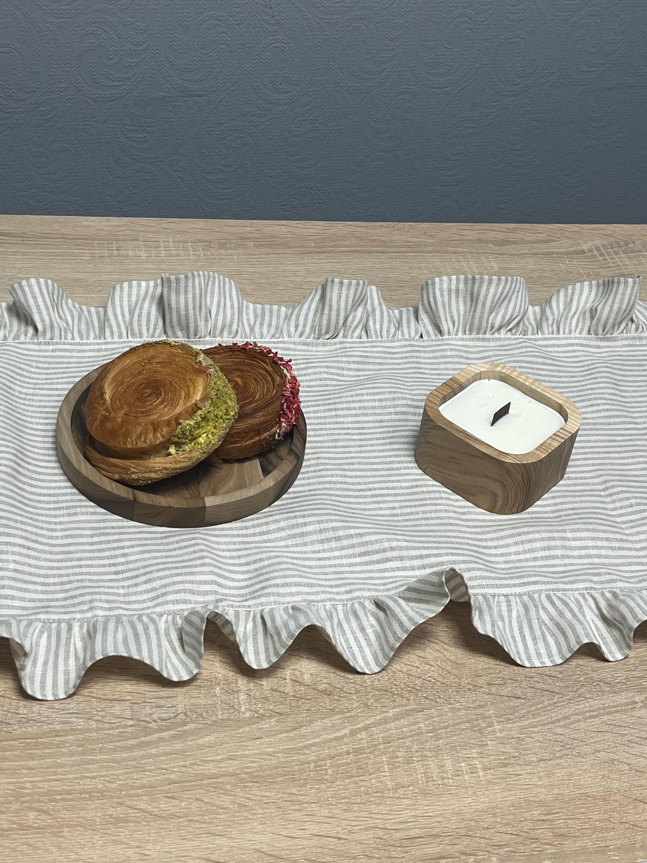 Natural Thin Stripes Ruffled Linen Table Runner – 100% Linen | Elegant & Rustic Table Decor | Various Sizes and Colors