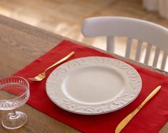 Manteles individuales de lino rojo: decoración festiva para Navidad y Año Nuevo / Juego de manteles individuales de tela