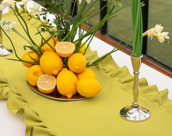 Ruffled Cotton Table Runner in Linden Green – Rustic Farmhouse Dining & Wedding Table Decor | Shabby Chic | Cottagecore Style