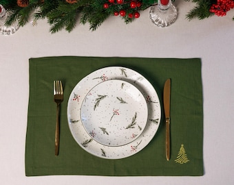 Manteles individuales de lino con diseño de árbol de Navidad bordado: decoración navideña blanca para la mesa