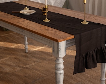 Ruffled Black Linen Table Runner – 100% Natural Linen | Elegant & Rustic Table Decor | Various Sizes and Colors