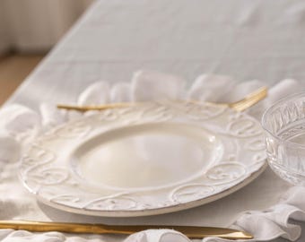 White Ruffled Linen Table Placemat  | Rustic & Elegant Table Decor | Mother's Day Gift