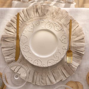 Handmade  Ruffled Linen Charger Placemat – Round 100% Linen | Farmhouse, Rustic, Boho Table Decor | Natural Colors