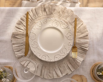 Beige Ruffled Linen table Placemat – | Farmhouse, Rustic, Boho Table Decor