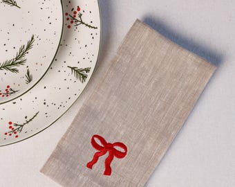 Embroidered Linen Christmas Napkin – Rustic Holiday Table Decor