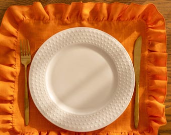 Orange Ruffled Linen Charger Placemat,  Natural Placemats, Table Placemats, Table Linens | Elegant & Rustic Table Decor | Various Colors