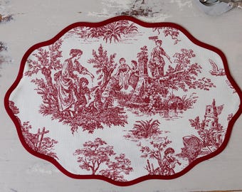 Toile de Jouy-katoenen placemat bordeauxrood – eetkamerdecoratie in Franse stijl