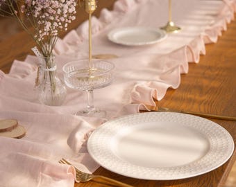 Powder Pink Ruffle Table Runner – Linen Cotton Blend Rustic Decor for Mother’s Day, Weddings, Valentine’s, Easter, Farmhouse Dining Table