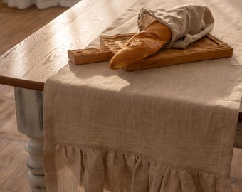 Natural Ruffled Linen Table Runner – 100% Natural Linen | Elegant & Rustic Table Decor | Various Sizes and Colors