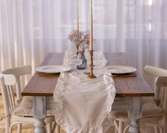 White ruffled Linen Table Runner – 100% Natural Linen | Elegant & Rustic Table Decor | Various Sizes and Colors