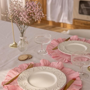 Handmade Round Linen Placemat – Ruffled 100% Linen Charger | Rustic Farmhouse Table Decor | Various Colors