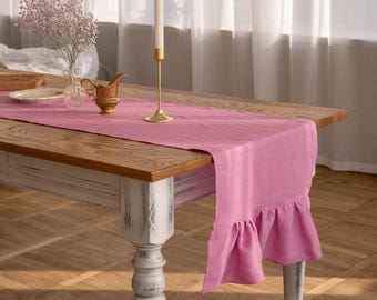 Romantic Dark Pink Linen Table Runner – Ruffled Handmade Decor, Mother’s Day or Bridal Gift, Cottagecore Wedding Style