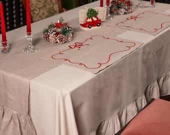 Juego de mesa navideño bordado: camino de mesa y manteles individuales de lino beige / Decoración rústica para mesas festivas / Lino 100 % natural
