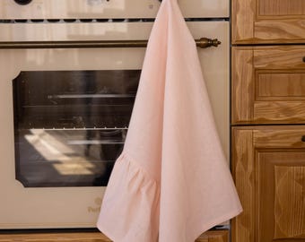 Powder Pink Ruffled Kitchen Towel – Linen Cotton Blend 50/50 | Soft & Absorbent | Rustic Ruffle Tea Towel, Dish Towel for Home Decor