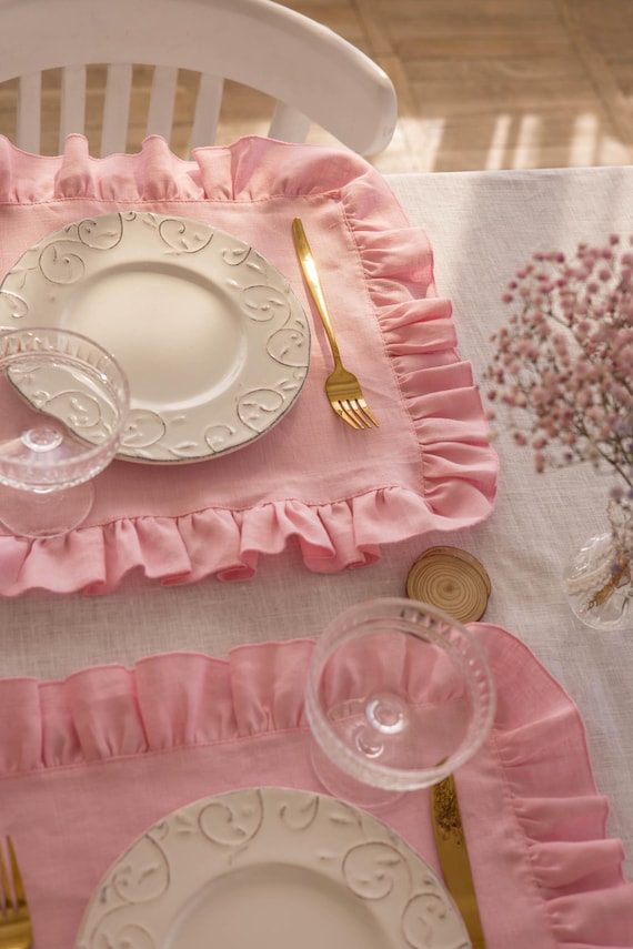 Pink Ruffled Linen Charger Placemat,  Natural Placemats, Table Placemats, Table Linens | Elegant & Rustic Table Decor | Housewarming  Gift