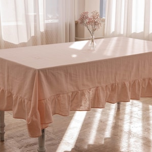 Powder pink Ruffled Linen Tablecloth – linen cotton mix Table Cover | Elegant Rustic Table Linen | Various Sizes & Colors