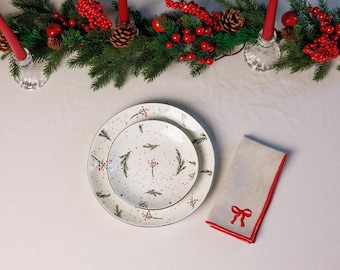 Embroidered Linen Christmas Napkin,  Holiday Table Decor