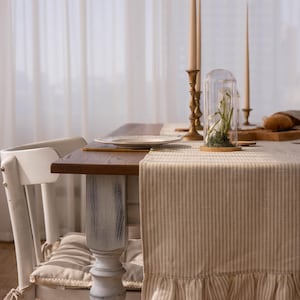 Beige Thin Stripes Ruffled Linen Table Runner | 100% Linen | Rustic Table Decor | Handmade, Wedding, Farmhouse Style | thanksgiving setting