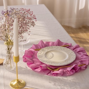 Handmade Round Linen Placemat – Ruffled 100% Linen Charger | Rustic Farmhouse Table Decor | Various Colors