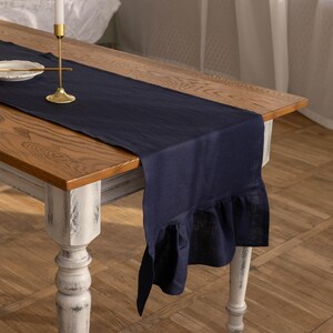 Handmade Ruffled Table Runner – Blue 100% Linen | Elegant Farmhouse & Cottagecore Decor | Multiple Lengths Available