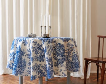 Round Toile de Jouy Tablecloth – French Printed Cotton Table Linen | Elegant Dining Table Decor | Vintage Table Cover