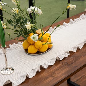 Natural Thin Stripes Ruffled Linen Table Runner – 100% Linen | Elegant & Rustic Table Decor | Various Sizes and Colors