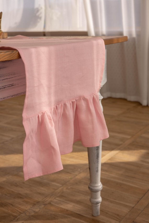 Light Pink Ruffled Linen Table Runner...
