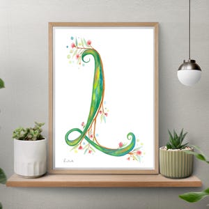 Letra L, arte de pared, decoración de guardería, arte del alfabeto, acuarela, obra de arte original, inspiración australiana, Australia, arte de pared con la letra L, jpeg