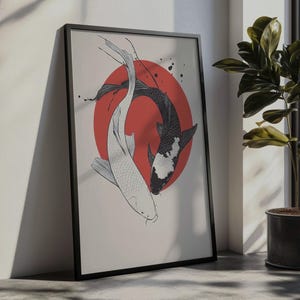 Ying Yang Koi Fish Print, Japanese Wall Art, Minimalist Koi Artwork, Yin Yang Inspired Art, Zen Decor, Asian-Inspired Digital Print