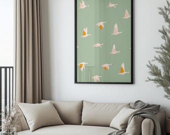 Flying Geese Print: Minimalist Bird Wall Art, Earthy Green (Digital Download)