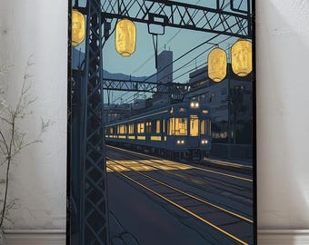 Japanese Train Art Print: Lantern-Lit Railway (Digital Download)