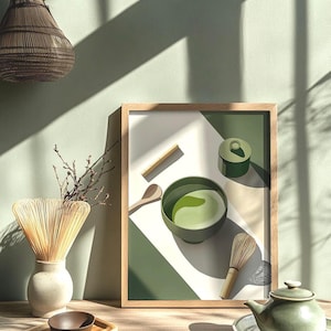 Japoński wydruk ścienny Matcha – minimalistyczna dekoracja kuchni w stylu zielonej herbaty, natychmiastowe pobranie wydruku, estetyka Zen