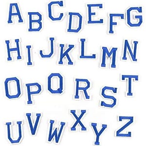 May include: A full set of blue and white embroidered alphabet letters, from A to Z, are displayed on a white surface. Each letter features a blue outline with a white fill, giving a classic, varsity look. Perfect for customising items.