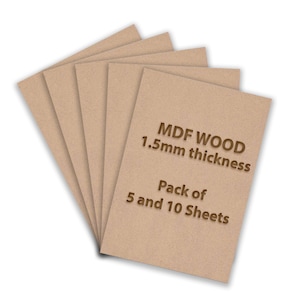 May include: A stack of light brown MDF wood sheets. The text on the front sheet reads "MDF WOOD 1.5mm thickness" and "Pack of 5 and 10 Sheets". The sheets are arranged in a fan shape, with the top sheet slightly overlapping the others.