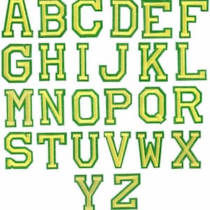 May include: An embroidered alphabet in a collegiate style. Each letter is outlined in green with a yellow interior. The letters are arranged in rows and columns against a white background.
