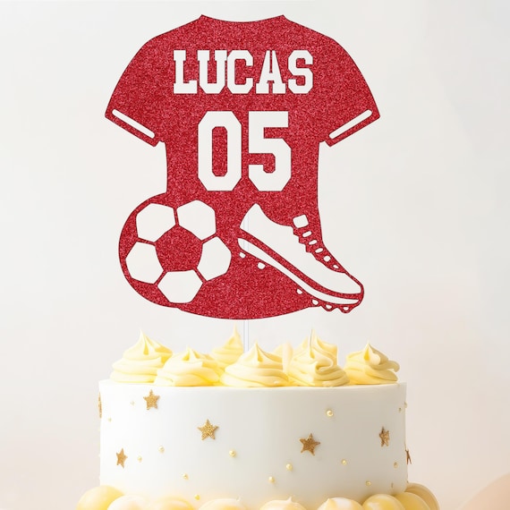 Birthday glitter cake topper custom colour any name & age football t-shirt and shoe cake decoration personalised footy soccer party