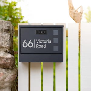 May include: A black mailbox with the number "66" and the address "Victoria Road" printed in white. The mailbox has a small black camera and a keypad.
