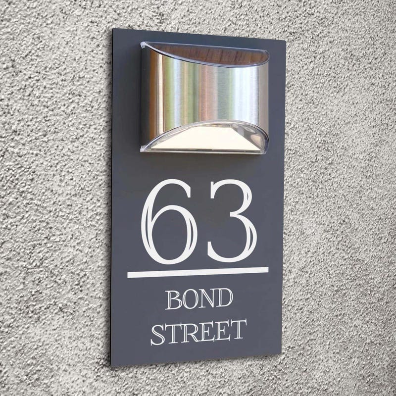 Custom Signs Solar Illuminated Modern Anthracite Grey House Number Sign 24cm X 14.5cm Pink Flowers In Corners Design