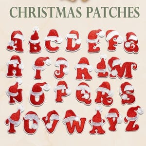 May include: A collection of red and white embroidered Christmas patches, each letter of the alphabet is adorned with a Santa hat. The text "CHRISTMAS PATCHES" is at the top of the image.