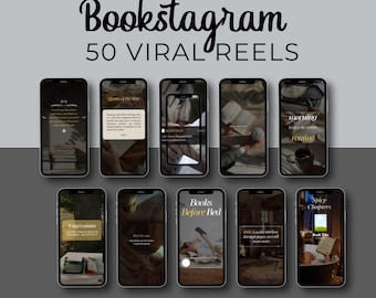 Op de afbeelding: Een digitale collectie van 50 bewerkbare Bookstagram virale reels video-sjablonen voor sociale media. De weergave toont tien smartphoneschermen met diverse lay-outs rondom boeken, tekstoverlays en esthetische afbeeldingen.