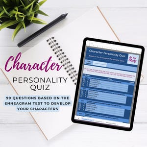 May include: A blue and white digital tablet displaying a character personality quiz based on the Enneagram personality types. The quiz is titled "Character Personality Quiz" and has a blue and white "Be Your Shelf" logo in the top right corner. The quiz has 99 questions and is designed to help develop characters.