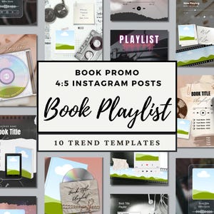 May include: A collection of Instagram post templates with a book theme. The central design features the text "Book Playlist" in a stylish script font. Other elements include CD, cassette tape, and digital media player mockups. The color palette is neutral with touches of green.
