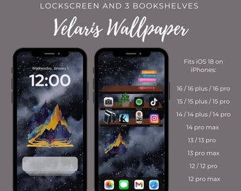 Night Sky Bookshelf iPhone iOS 18 Wallpaper, Large and Small Icons, Matching Set Lock Screen Wallpaper Homescreen, Velaris ACOTAR Book Lover