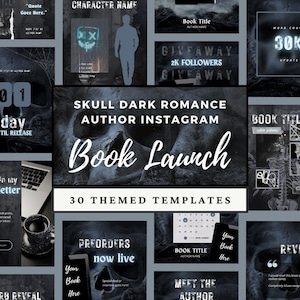Puede incluir: Un conjunto de plantillas oscuras de Instagram para autores, con una calavera y el texto "Skull Dark Romance Author Instagram Book Launch". El diseño incluye plantillas para sorteos, pre-pedidos y presentaciones de autores, todo en una paleta monocromática.