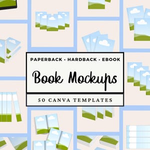 以下が含まれることがあります： ペーパーバック、ハードカバー、電子書籍のブックモックアップ用Canvaテンプレート50種。緑の丘と白い雲が浮かぶ青い空の風景イラストが描かれた、さまざまな書籍レイアウトのグラフィック。