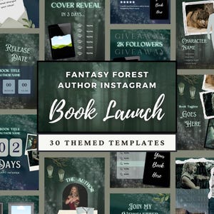Puede incluir: Un conjunto de 30 plantillas de Instagram temáticas para autores, con un diseño de bosque de fantasía. Las plantillas incluyen elementos para lanzamientos de libros, revelaciones de portadas, sorteos e introducciones de personajes. El diseño presenta un fondo de bosque verde oscuro.