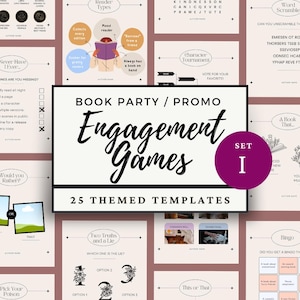 Juegos de participación con libros, plantilla imprimible de Canva, publicaciones de Instagram, promoción de lectores, marketing en redes sociales, fiesta de Facebook con autor.