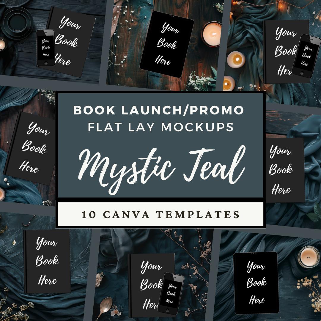 Fantasy Blue Bookstagram Flatlay Canva Template, Instagram Post, Reader Author Promo Flat Lay Book Cover Mockup Promo, Teal Romance Magic