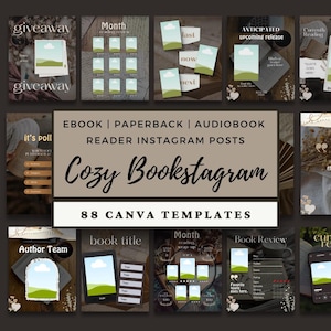 Può includere: Una raccolta di 88 modelli Canva per post Instagram dedicati a lettori di ebook, libri in brossura e audiolibri, intitolata Cozy Bookstagram. I modelli presentano vari layout per recensioni, liste di lettura e omaggi.